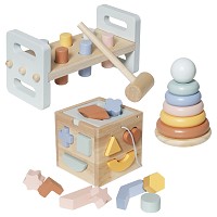 Wooden toy set with hammer game, pyramid, and motor skills cube
