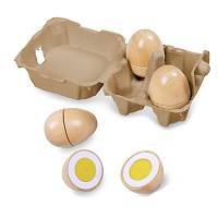 Wooden eggs in true-to-original egg cardboard, Velcro connection to cut open the egg
